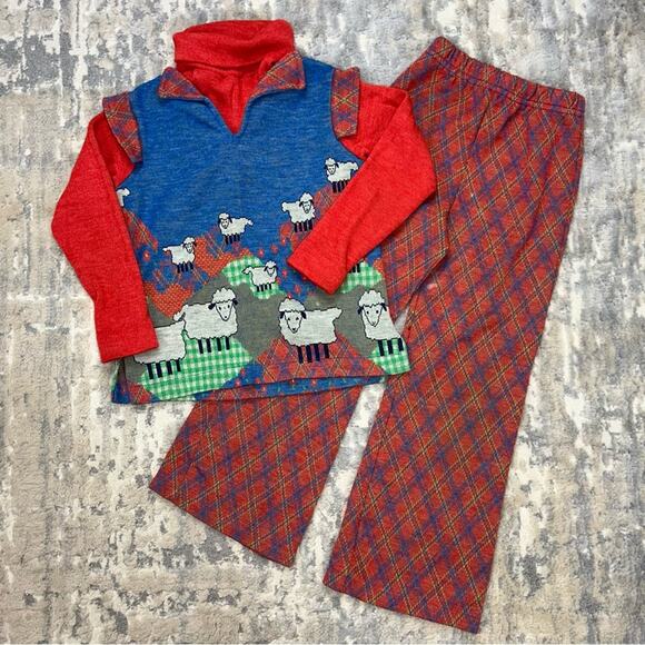 Vintage Carter’s Shirt Pants Sheep 2 Piece Outfit Double Knit Wide Leg Size 6x - Picture 1 of 8